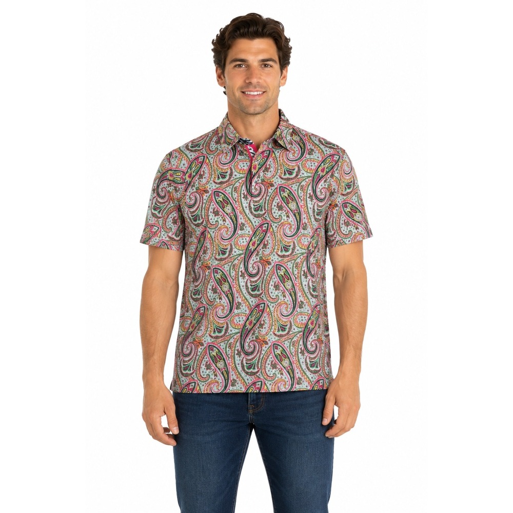 Tommy Hilfiger Short Sleeve Polo Shirt Men L 100% Cotton Pink Paisley Retro Golf